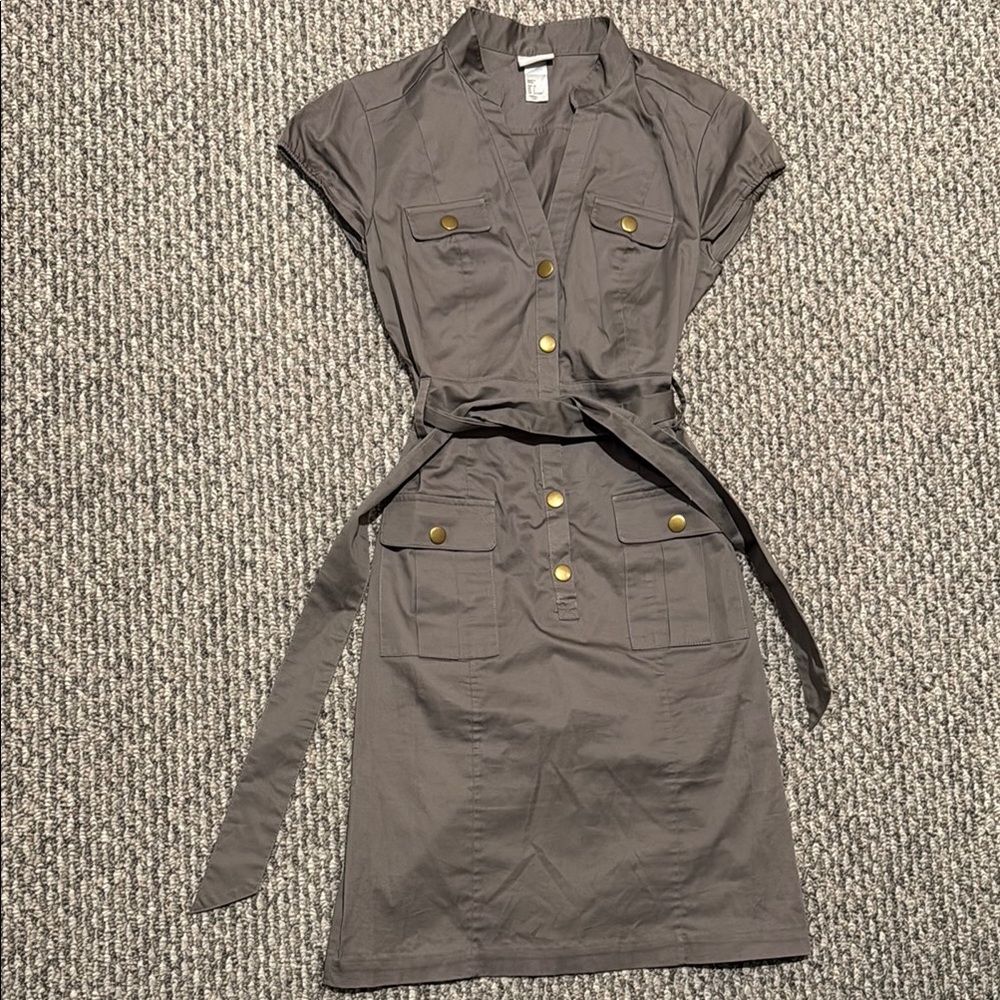 H&M Taupe Short Sleeve Utility Midi Dress with Gold Buttons